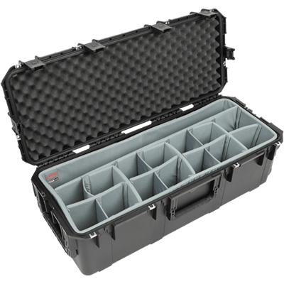 Open, long SKB case with dividers