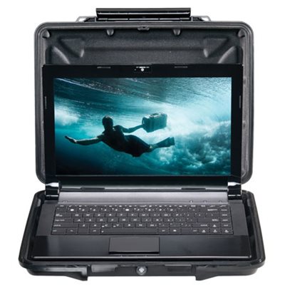 Open, black Pelican™ 1085CC Hardback™ Laptop Case w/ display laptop