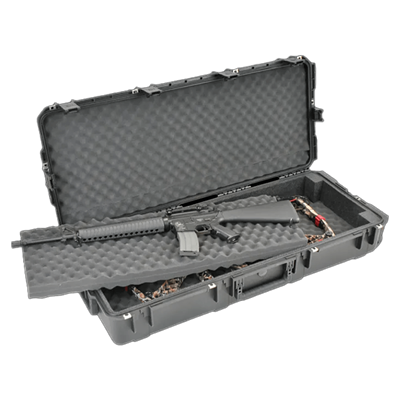 Open, long SKB case with a rifle and bow
