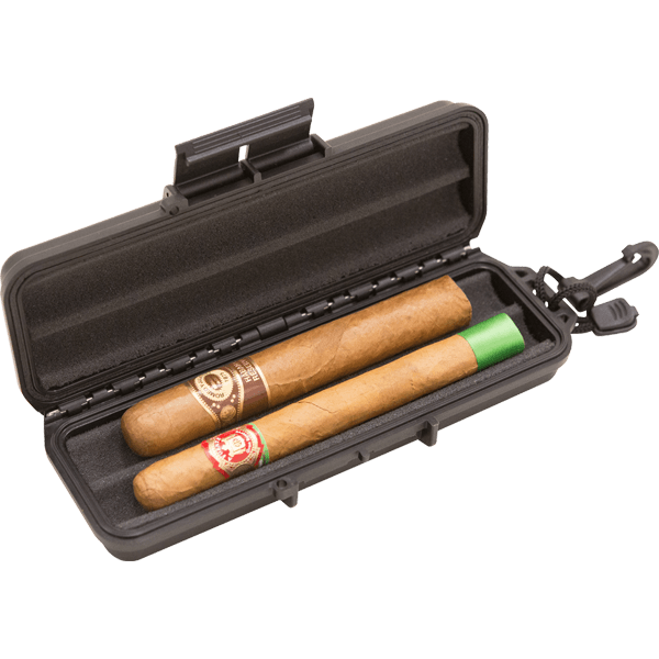 Open small SKB case with two cigars